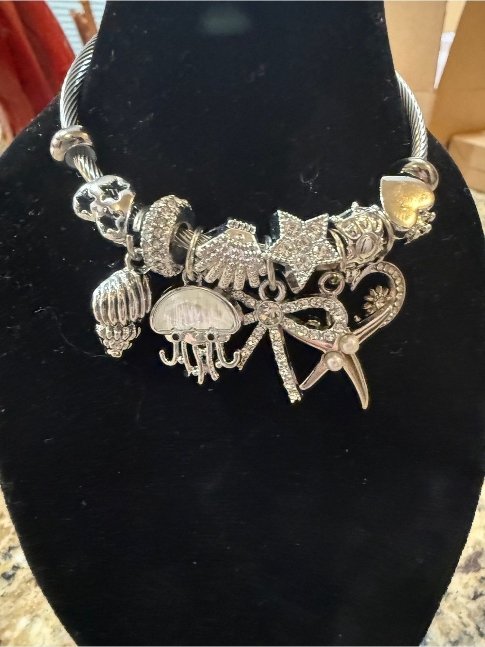 Silver Sea-Life Charm Necklace with Dragonfly and Jellyfish Charms